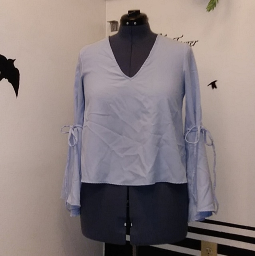 Pastel Blue Topshop Bell Sleeve Blouse